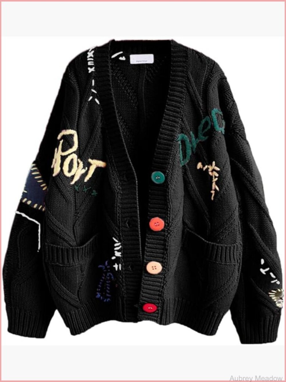 Cable Knit V-Neck Cardigan Sweater Open Front Button Down Embroidered